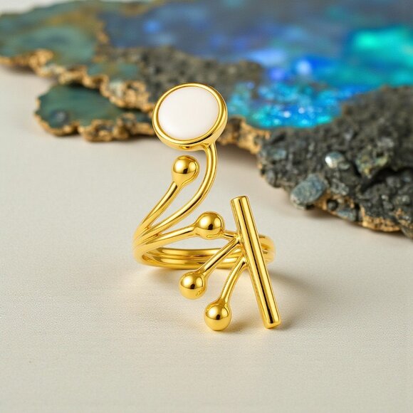 🆕Boho Chic Cocktail Ring 18K Gold Plated Brass With Glass Pearl Adjustable - Picture 1 of 14